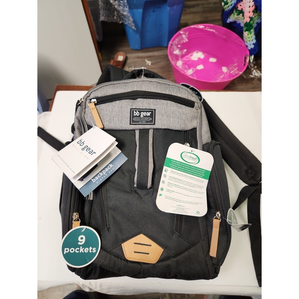 Baby Boom Backpack Diaper Bag w Shoulder Strap, 9 Pockets Heather Gray Black NEW